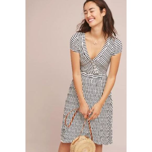 Maeve Anthropologie Paladino Henley Striped Textured Dress Black White Womens XS - Picture 1 of 5